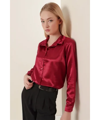 3964 Hafif Dökümlü Saten Gömlek  Mürdüm