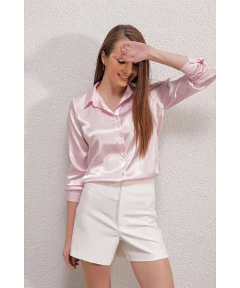 3964 Hafif Dökümlü Saten Gömlek  Pembe