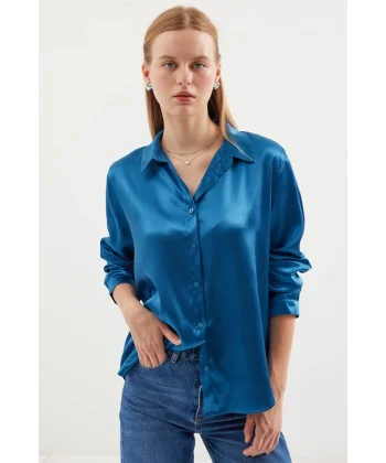 3964 Hafif Dökümlü Saten Gömlek - Petrol