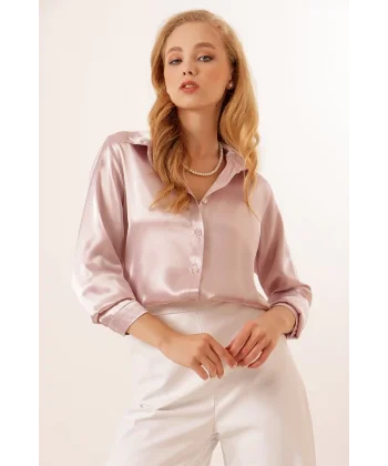 3964 Hafif Dökümlü Saten Gömlek  Pudra
