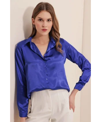 3964 Hafif Dökümlü Saten Gömlek  Saks