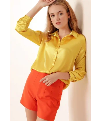 3964 Hafif Dökümlü Saten Gömlek  Sarı