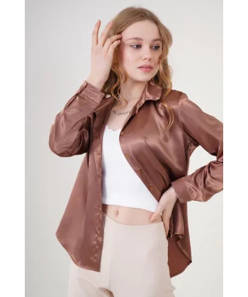 3964 Hafif Dökümlü Saten Gömlek  Taba