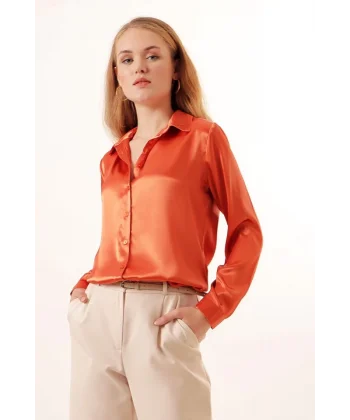 3964 Hafif Dökümlü Saten Gömlek  Turuncu