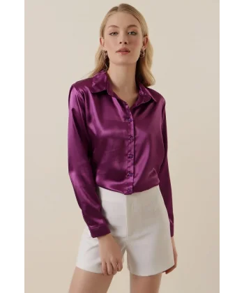 3964 Hafif Dökümlü Saten Gömlek  Y. Mor