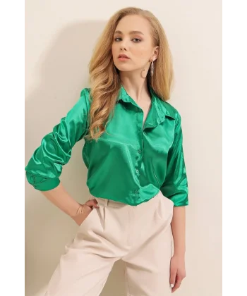 3964 Hafif Dökümlü Saten Gömlek  Yeşil