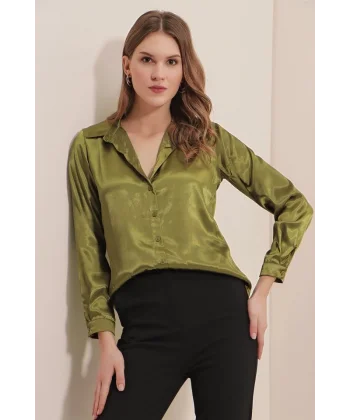 3964 Hafif Dökümlü Saten Gömlek - Y.Haki