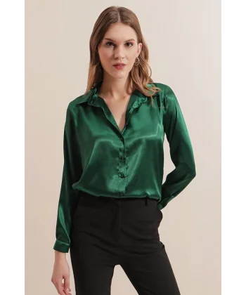 3964 Hafif Dökümlü Saten Gömlek  Zümrüt Yeşili