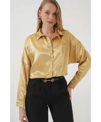 3985 Oversize Saten Gömlek  Altın Sarısı