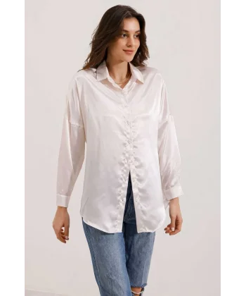 3985 Oversize Saten Gömlek  Bej