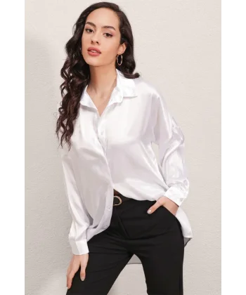 3985 Oversize Saten Gömlek  Beyaz