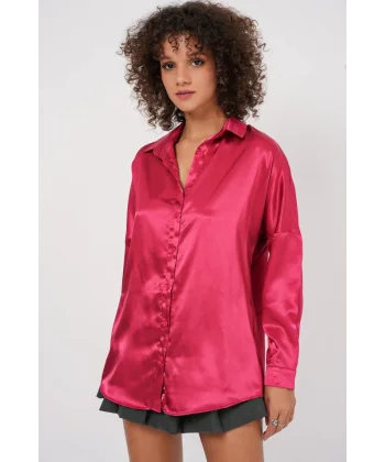 3985 Oversize Saten Gömlek  Bordo