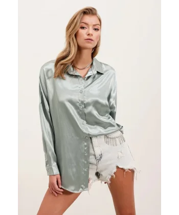 3985 Oversize Saten Gömlek  Çağla