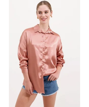 3985 Oversize Saten Gömlek  Camel