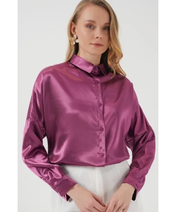 3985 Oversize Saten Gömlek  Koyu Lila