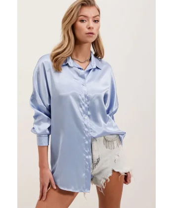 3985 Oversize Saten Gömlek  Mavi