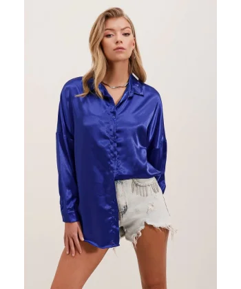 3985 Oversize Saten Gömlek  Saks