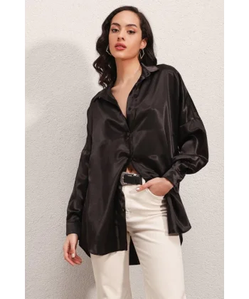3985 Oversize Saten Gömlek  Siyah