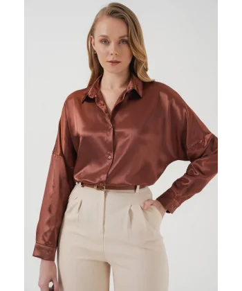 3985 Oversize Saten Gömlek  Taba