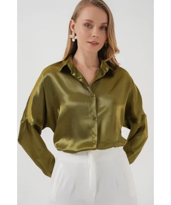 3985 Oversize Saten Gömlek  Y.Haki