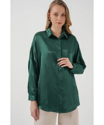 3985 Oversize Saten Gömlek  Zümrüt Yeşili