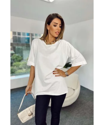 4123 Yırtmaçlı Oversize Tişört  Beyaz