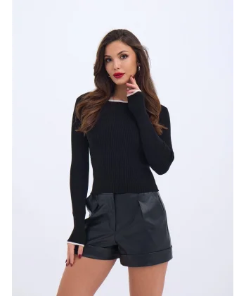 4204 TRİKO BASİC YAKA ÇİZGİLİ KAZAK-SİYAH-EKRU