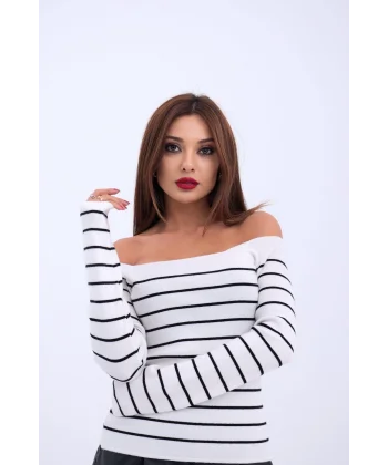 4206 TRİKO ÇİZGİLİ KAYIK YAKA CROP-EKRU-SİYAH
