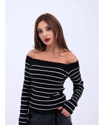 4206 TRİKO ÇİZGİLİ KAYIK YAKA CROP-SİYAH-EKRU