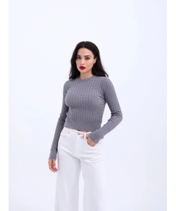 4211 TRİKO SAÇ ÖRGÜ KAZAK-GRİ