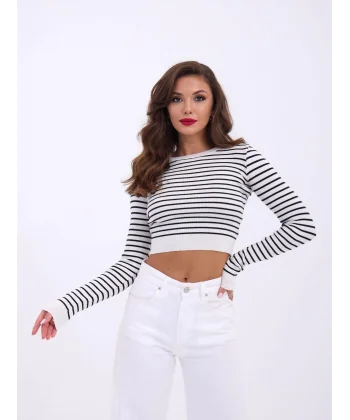 42211 TRİKO ÇİZGİLİ CROP-EKRU-SİYAH