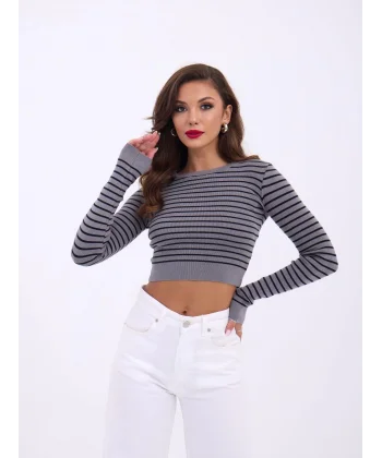 42211 TRİKO ÇİZGİLİ CROP-GRİ-SİYAH