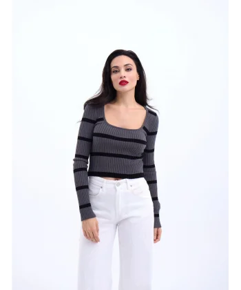 42221 TRİKO ÇİZGİLİ FİTİLLİ CROP-ANTRASİT-SİYAH