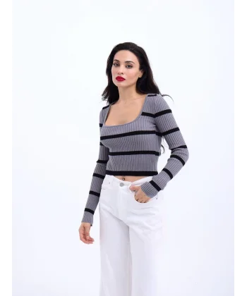 42221 TRİKO ÇİZGİLİ FİTİLLİ CROP-GRİ-SİYAH
