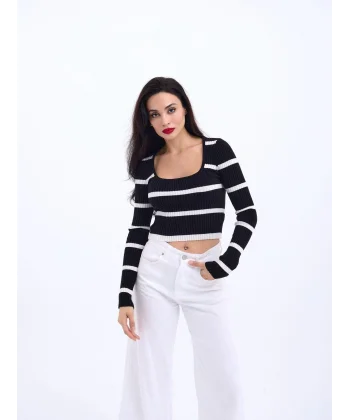 42221 TRİKO ÇİZGİLİ FİTİLLİ CROP-SİYAH-EKRU