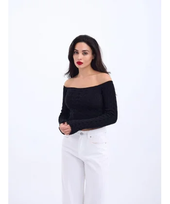 42241 TRİKO KAYIK YAKA CROP-SİYAH