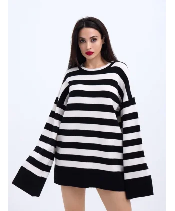 42291 TRİKO ÇİZGİLİ SALAŞ KAZAK-SİYAH-EKRU