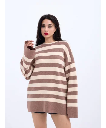 42291 TRİKO ÇİZGİLİ SALAŞ KAZAK-VİZON-KREM