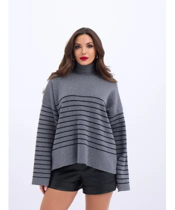 42361 TRİKO BALIKÇI YAKA ÇİZGİLİ SALAŞ-GRİ-SİYAH