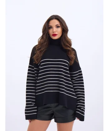 42361 TRİKO BALIKÇI YAKA ÇİZGİLİ SALAŞ-SİYAH-EKRU