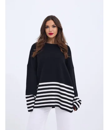 42381 TRİKO ÇİZGİLİ KAZAK-SİYAH-EKRU