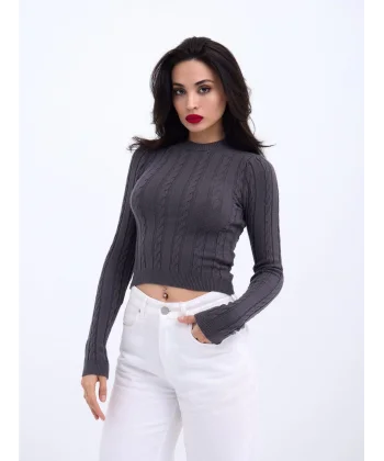 42491 TRİKO SAÇ ÖRGÜ CROP KAZAK-ANTRASİT