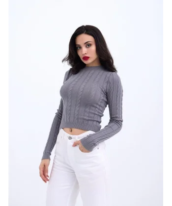 42491 TRİKO SAÇ ÖRGÜ CROP KAZAK-GRİ