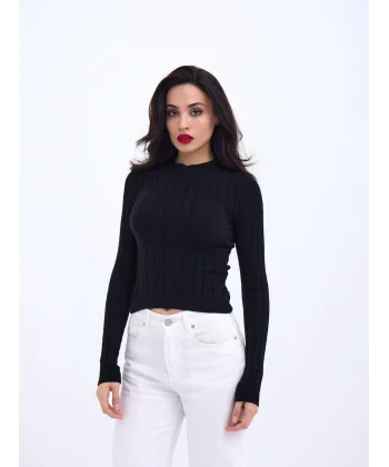 42491 TRİKO SAÇ ÖRGÜ CROP KAZAK-SİYAH