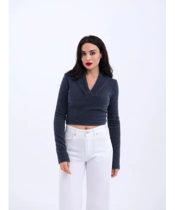 42531 TRİKO SİMLİ YAKALI CROP-ANTRASİT