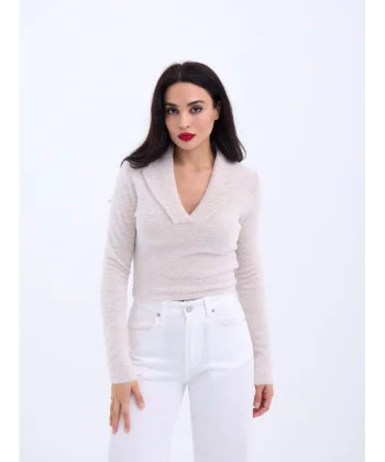 42531 TRİKO SİMLİ YAKALI CROP-EKRU