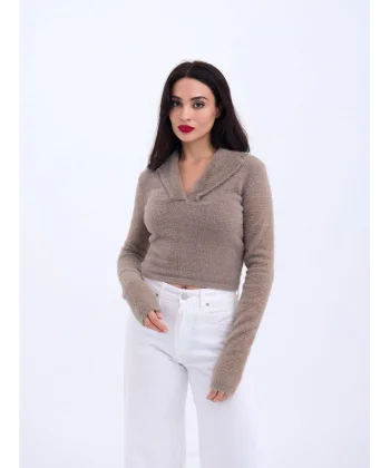 42531 TRİKO SİMLİ YAKALI CROP-KAHVE