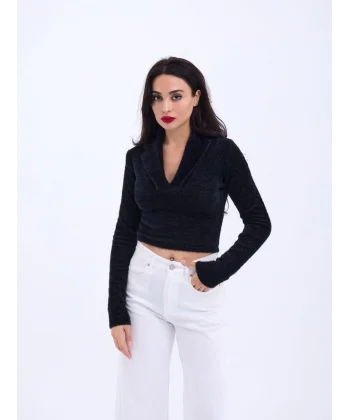 42531 TRİKO SİMLİ YAKALI CROP-SİYAH