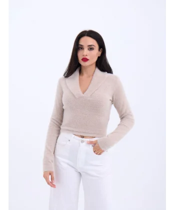 42531 TRİKO SİMLİ YAKALI CROP-TAŞ