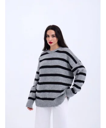 43111 TRİKO ÇİZGİLİ SALAŞ KAZAK-GRİ-SİYAH